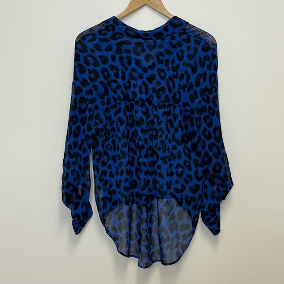 Free People Hi Lo Sheer Blue Cheetah Long Sleeve Blouse Medium Top FLAW - Picture 3 of 6